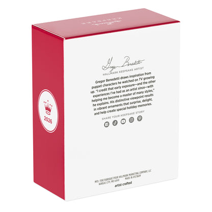 They're playing our song — 2026 Hallmark Keepsake Christmas Ornament box back view, featuring artist details and red packaging.