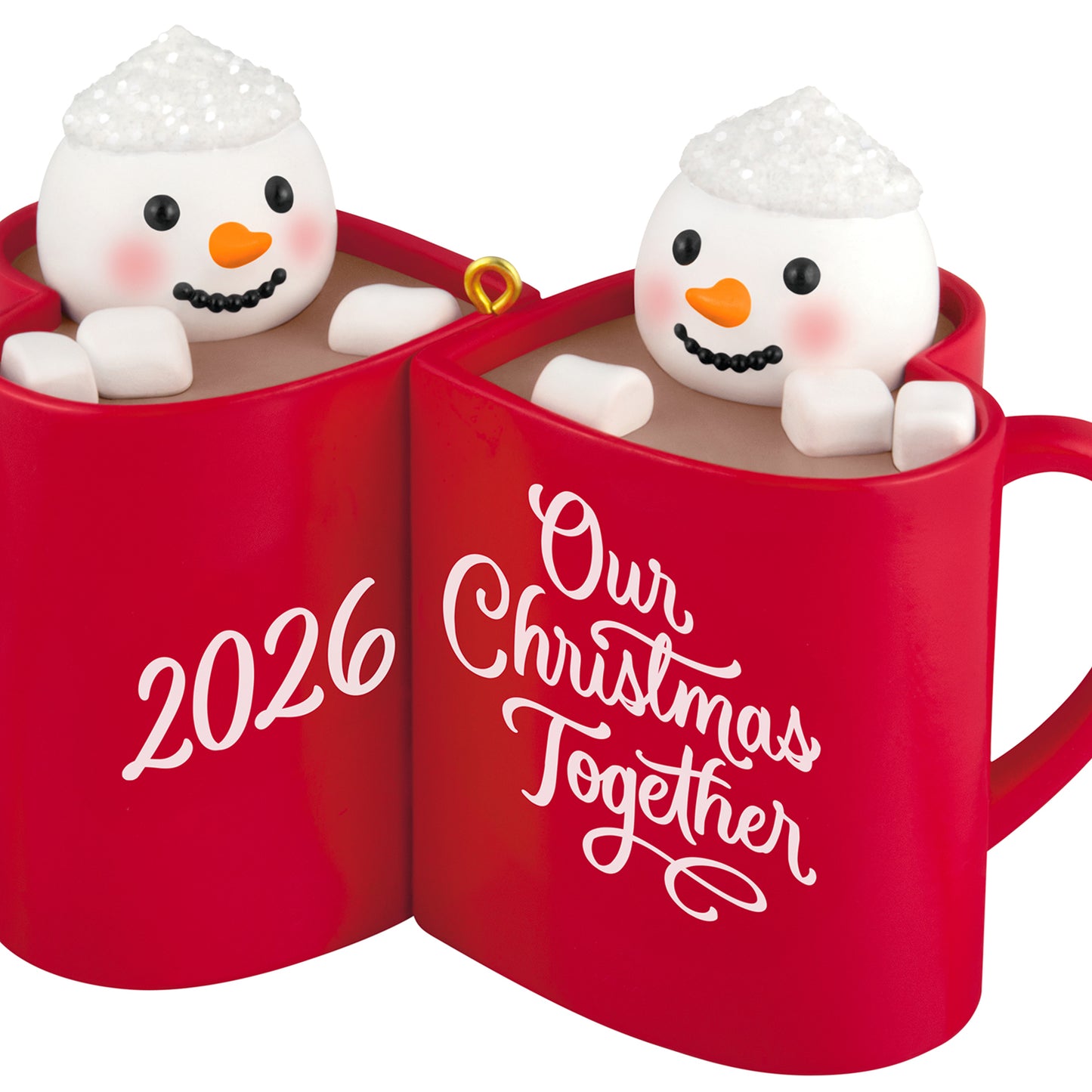 Our Christmas Together 2026 — 2026 Hallmark Keepsake Christmas Ornament featuring snowmen in red mugs, close up view.