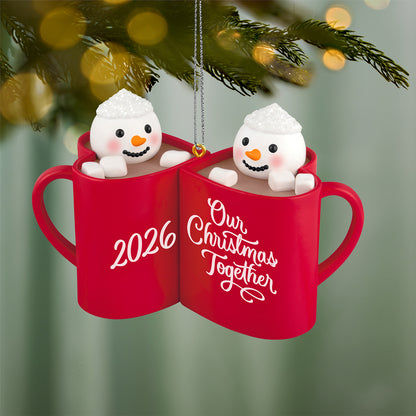Our Christmas Together 2026 — 2026 Hallmark Keepsake Christmas Ornament showcasing snowmen in heart-shaped mugs, detailed view, festive design.