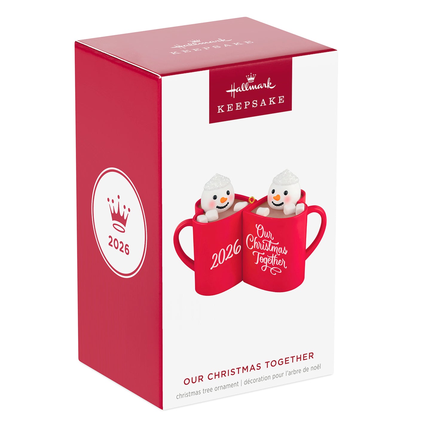 Our Christmas Together 2026 — 2026 Hallmark Keepsake Christmas Ornament, gift box featuring snowmen in red mugs, 2026 date detail.