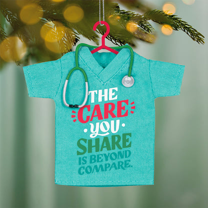 The Care You Share, Fabric — 2026 Hallmark Keepsake Christmas Ornament in teal fabric, featuring a stethoscope and gratitude message, close up view.