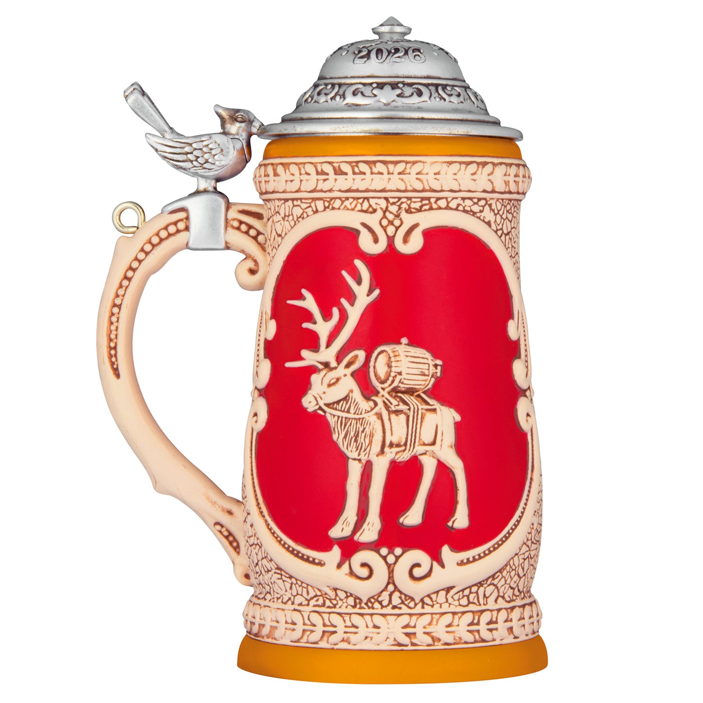 Beer Stein 2026 — 2026 Hallmark Keepsake Christmas Ornament, vintage red design with reindeer detail, functional bird-shaped lid.