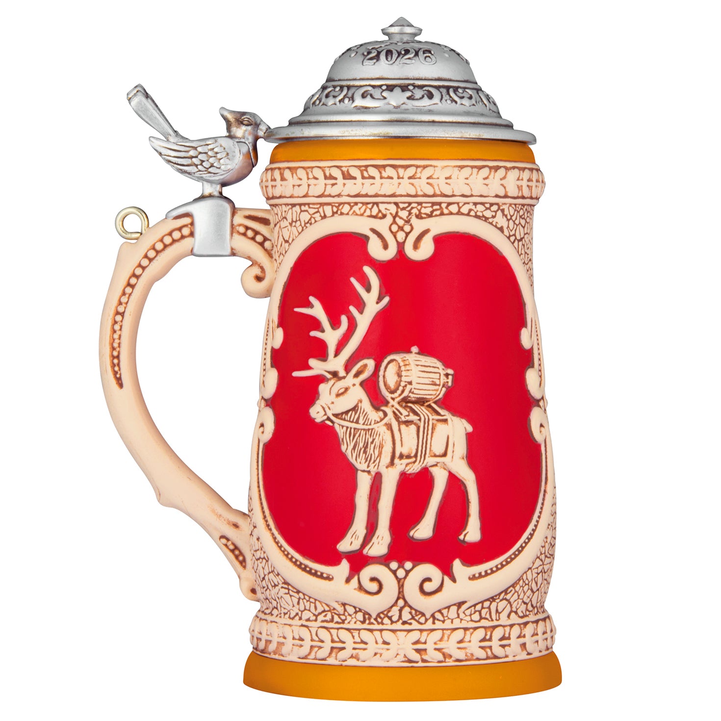Beer Stein 2026 — 2026 Hallmark Keepsake Christmas Ornament, vintage red design with reindeer detail, functional bird-shaped lid.