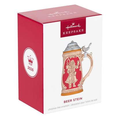 Beer Stein 2026 — 2026 Hallmark Keepsake Christmas Ornament in gift box with red design and vintage artwork.