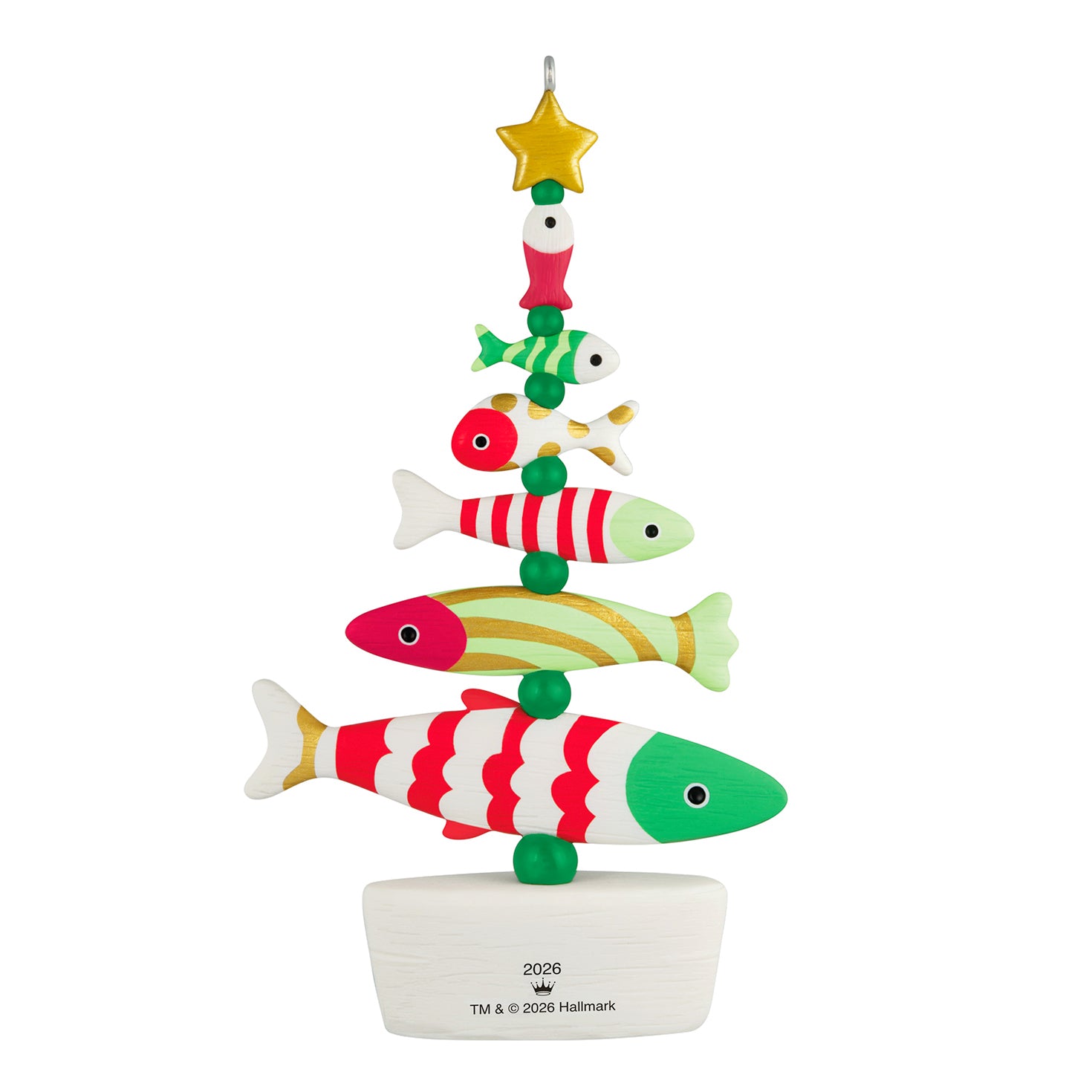 O Fishmas Tree — 2026 Hallmark Keepsake Christmas Ornament, colourful fish design, detailed crafting, flat lay view.