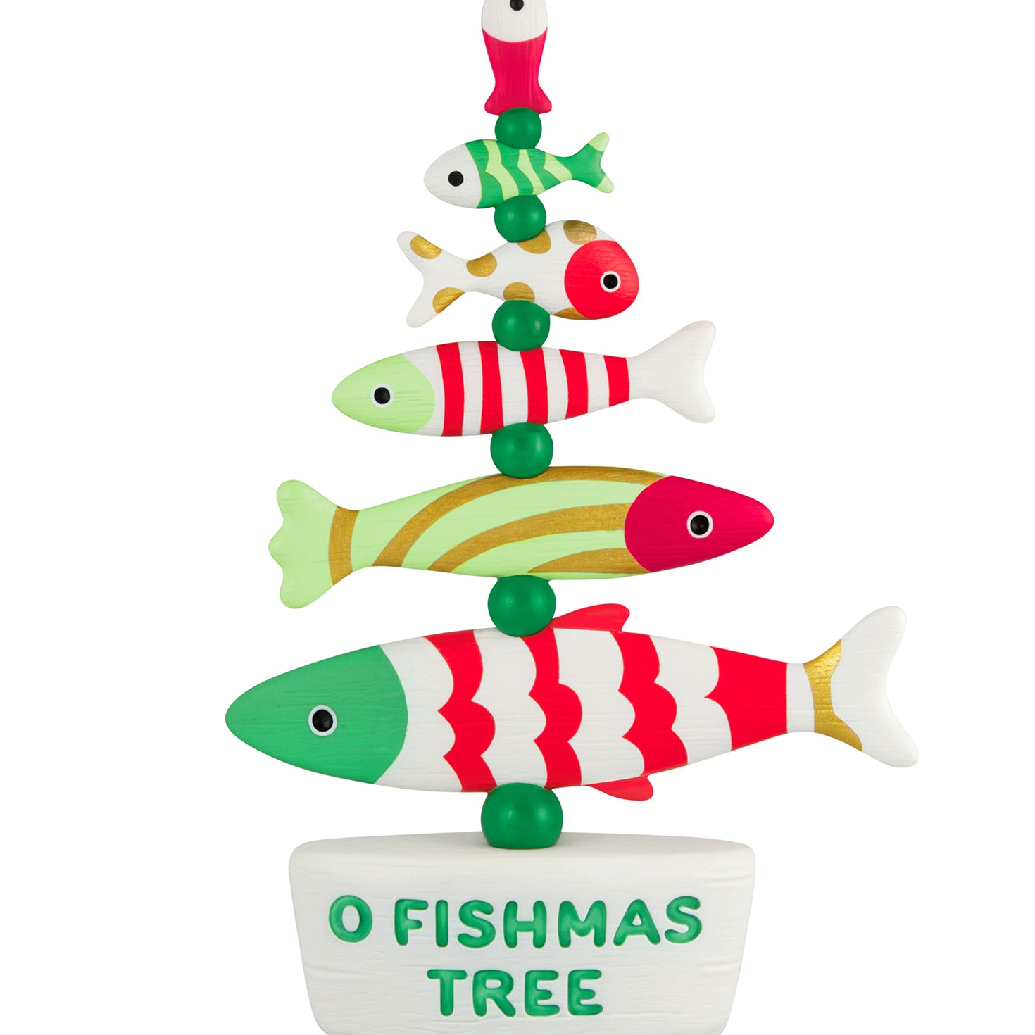 O Fishmas Tree — 2026 Hallmark Keepsake Christmas Ornament featuring colourful fish stacked in tree shape with punny phrase, flat lay view.