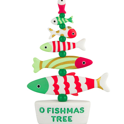O Fishmas Tree — 2026 Hallmark Keepsake Christmas Ornament featuring colourful fish stacked in tree shape with punny phrase, flat lay view.