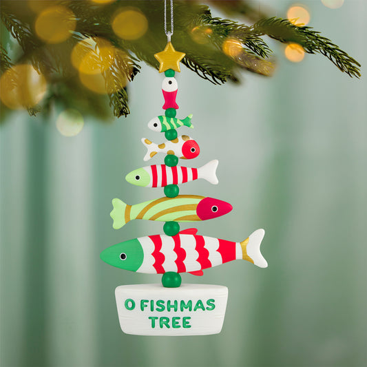 O Fishmas Tree — 2026 Hallmark Keepsake Christmas Ornament, colourful fish design, adorned with a gold star, close-up view