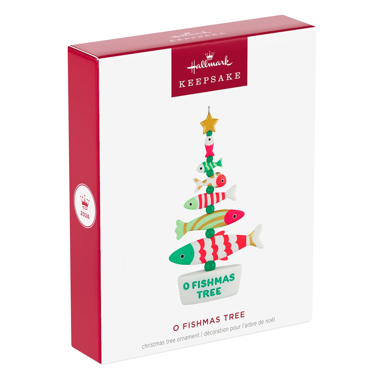 O Fishmas Tree — 2026 Hallmark Keepsake Christmas Ornament, gift boxed with festive fish design, angled view.