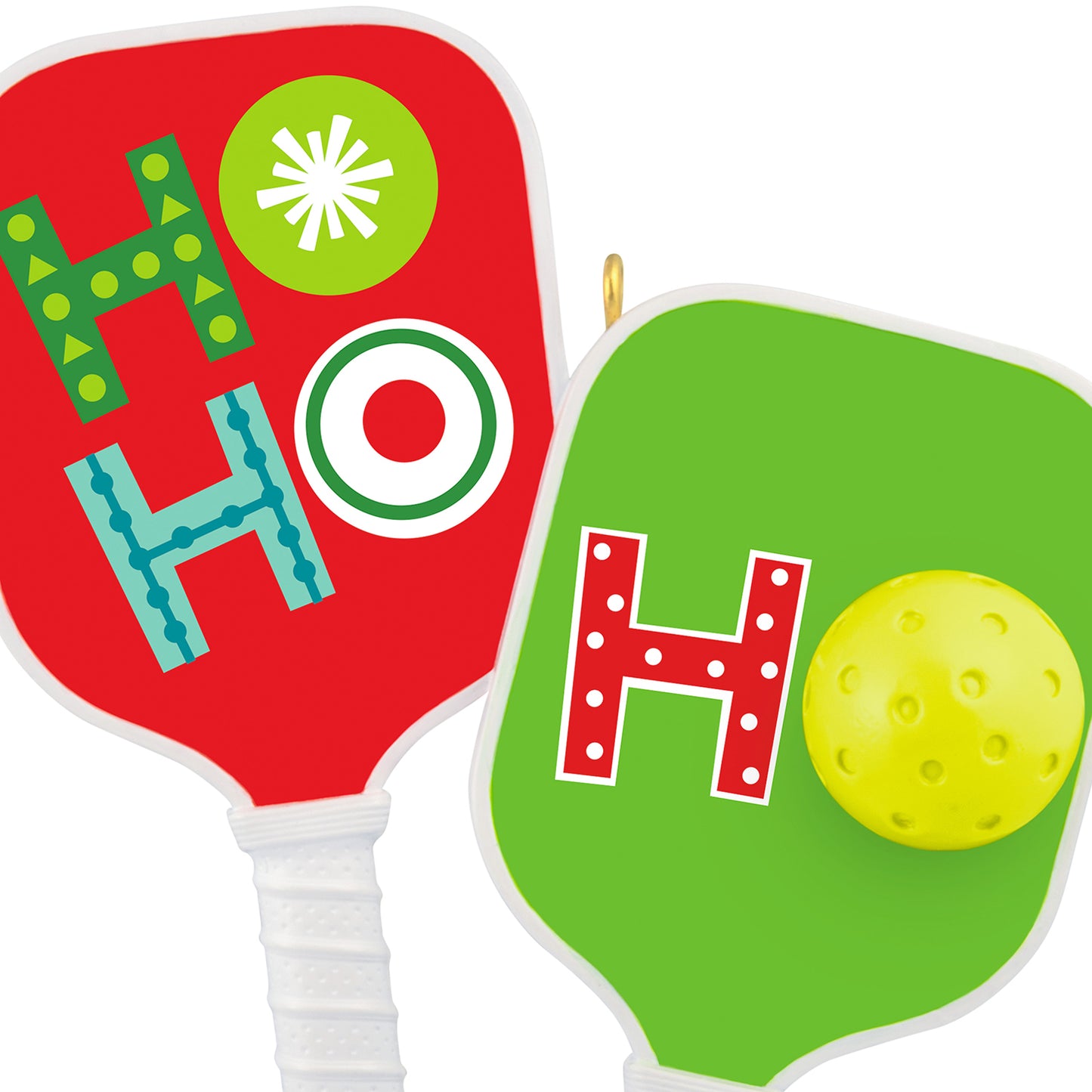Merry Pickleball — 2026 Hallmark Keepsake Christmas Ornament, vibrant pickleball paddles with festive designs and a yellow ball, close up