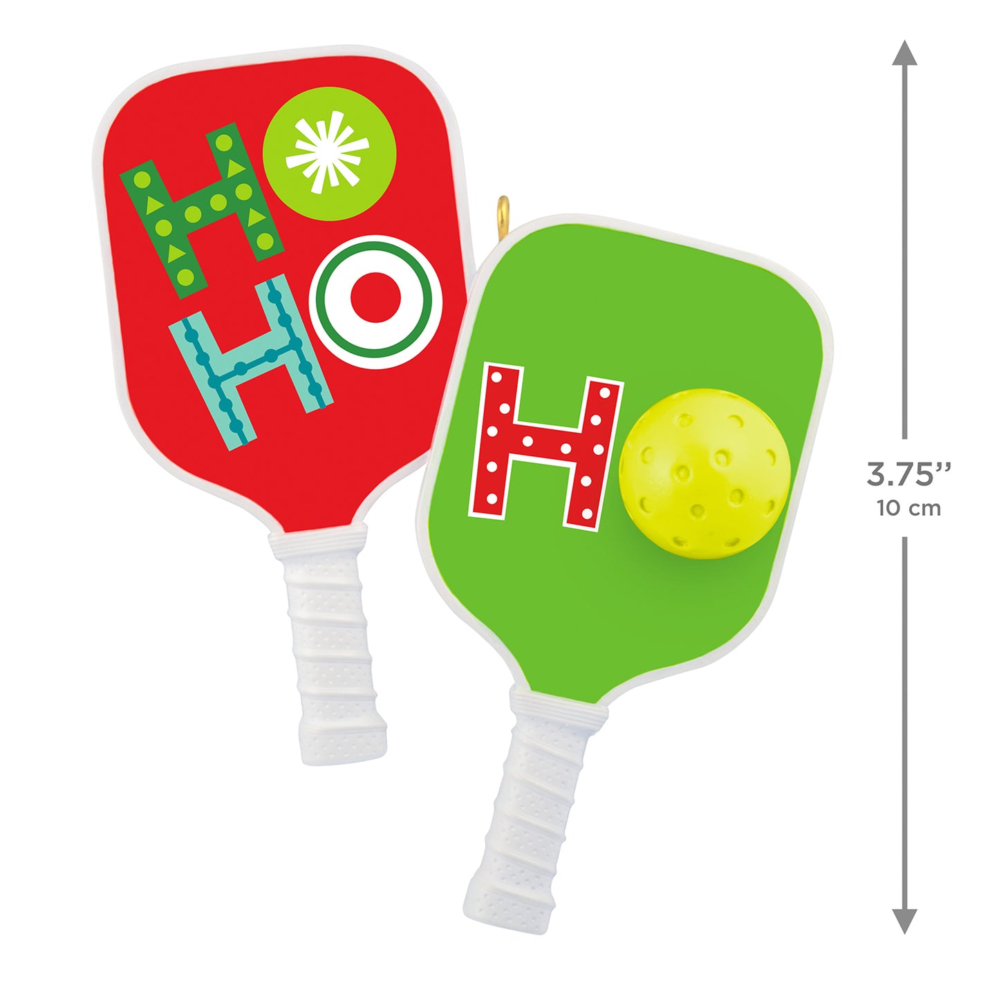 Merry Pickleball — 2026 Hallmark Keepsake Christmas Ornament featuring festive pickleball paddles in red and green with a yellow ball, angled view.