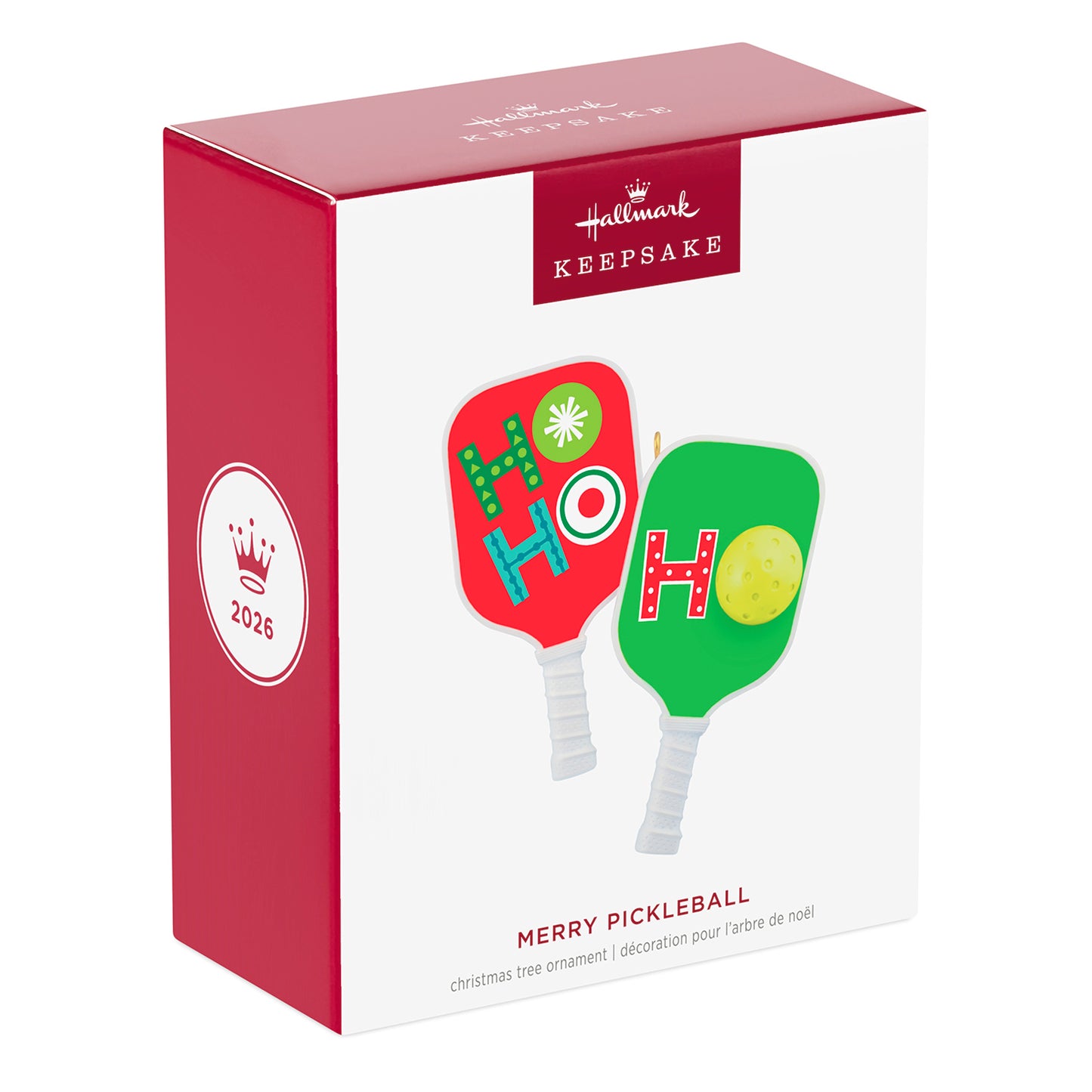 Merry Pickleball — 2026 Hallmark Keepsake Christmas Ornament in gift box featuring colourful pickleball paddles and ball.