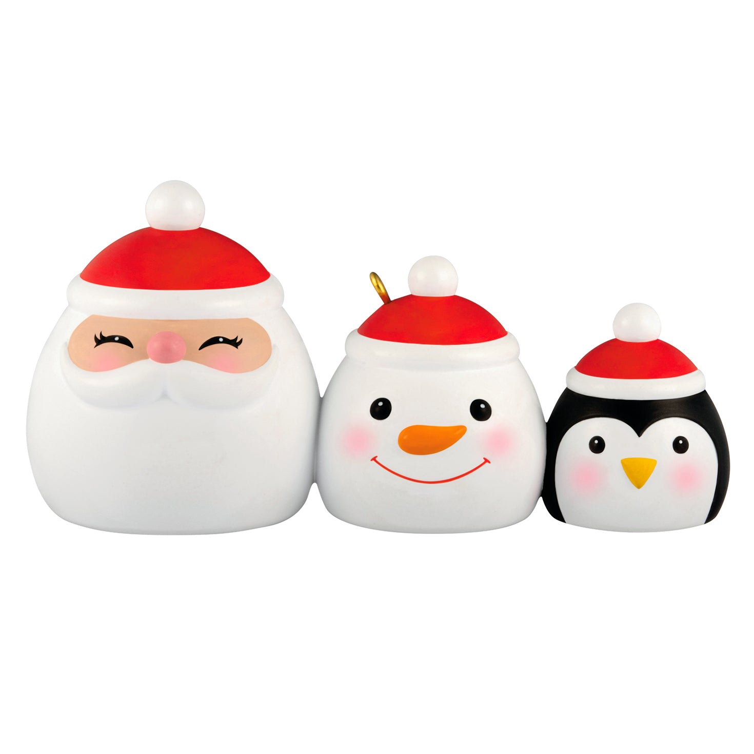The Makings of Merry — 2026 Hallmark Keepsake Christmas Ornament featuring Santa, snowman, and penguin canisters with red Santa hats, close up view.