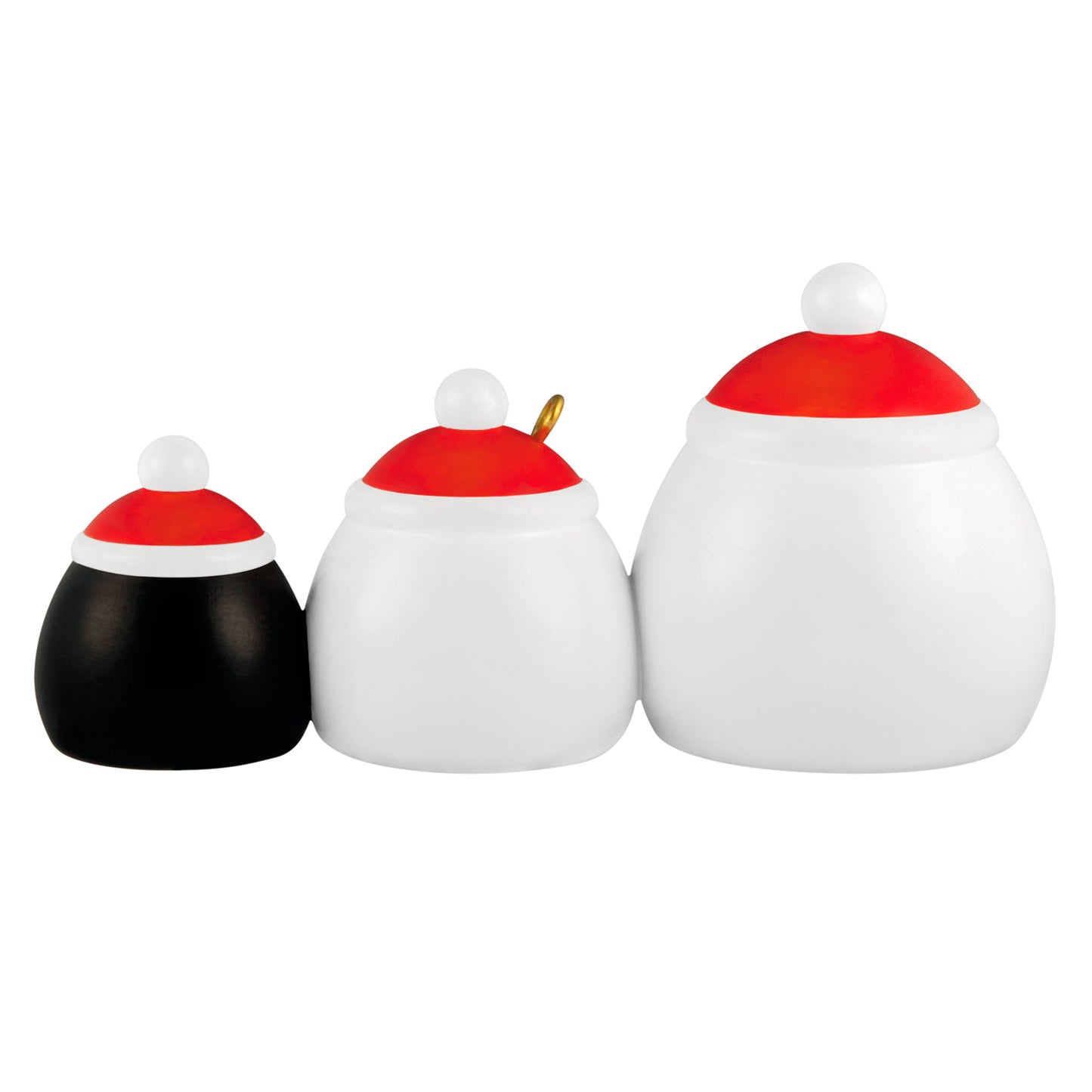The Makings of Merry — 2026 Hallmark Keepsake Christmas Ornament, kitchen canisters shaped like Santa, snowman and penguin, close up view.