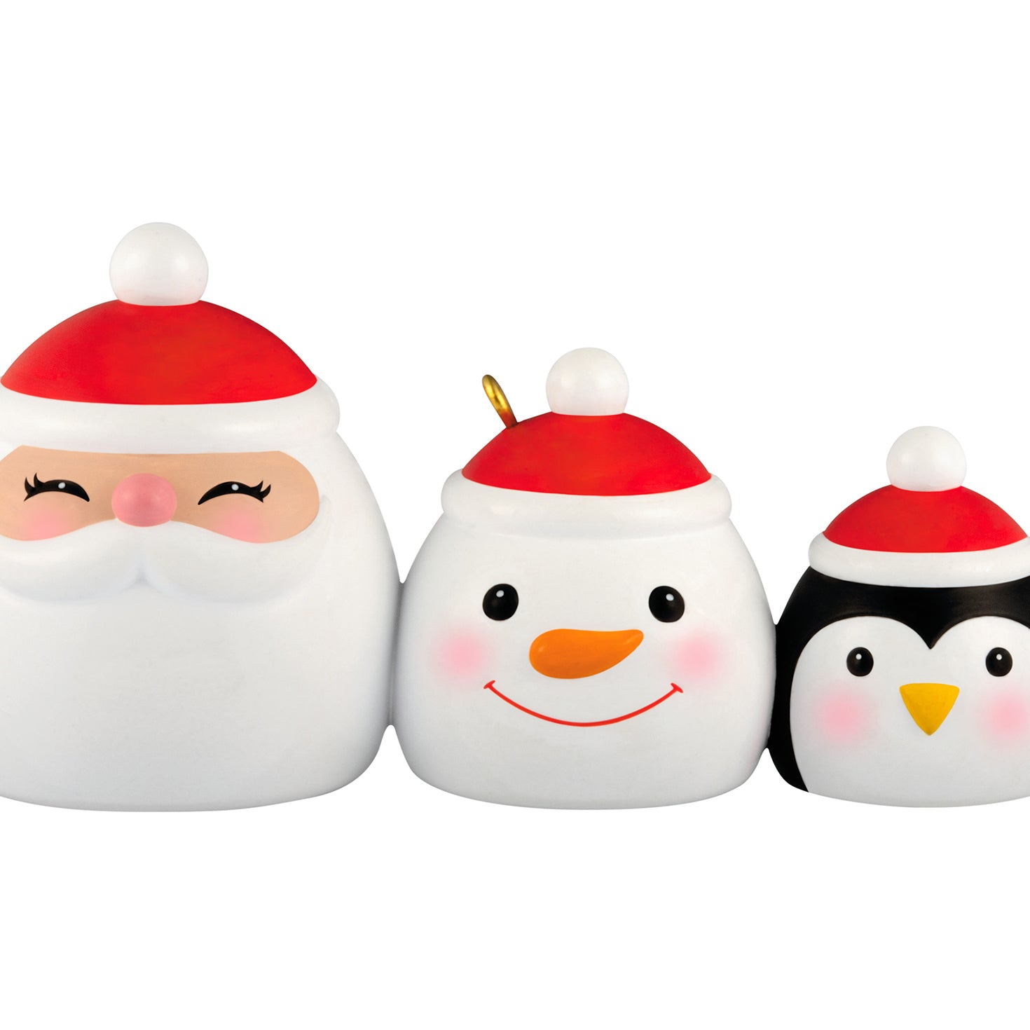 The Makings of Merry — 2026 Hallmark Keepsake Christmas Ornament, ceramic Santa, snowman and penguin canisters with red hats, angled view.