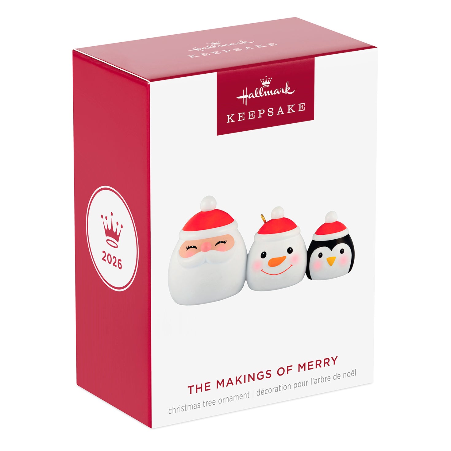 The Makings of Merry — 2026 Hallmark Keepsake Christmas Ornament, gift box showing Santa, snowman, and penguin canisters.