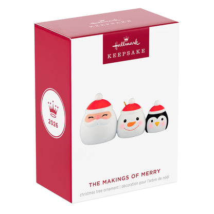 The Makings of Merry — 2026 Hallmark Keepsake Christmas Ornament, gift box showing Santa, snowman, and penguin canisters.