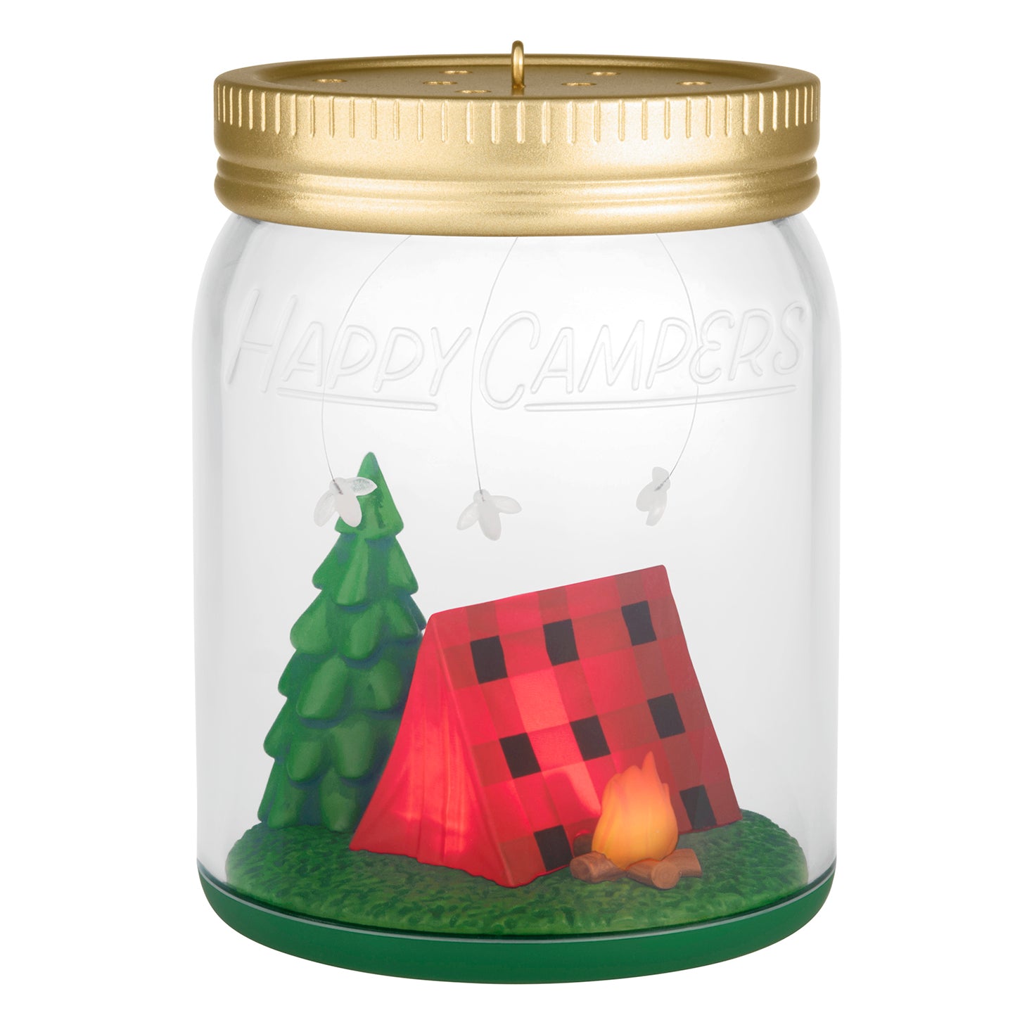 Happy Campers — 2026 Hallmark Keepsake Christmas Ornament, Mason jar design, featuring a red plaid tent and campfire scene, close up view.