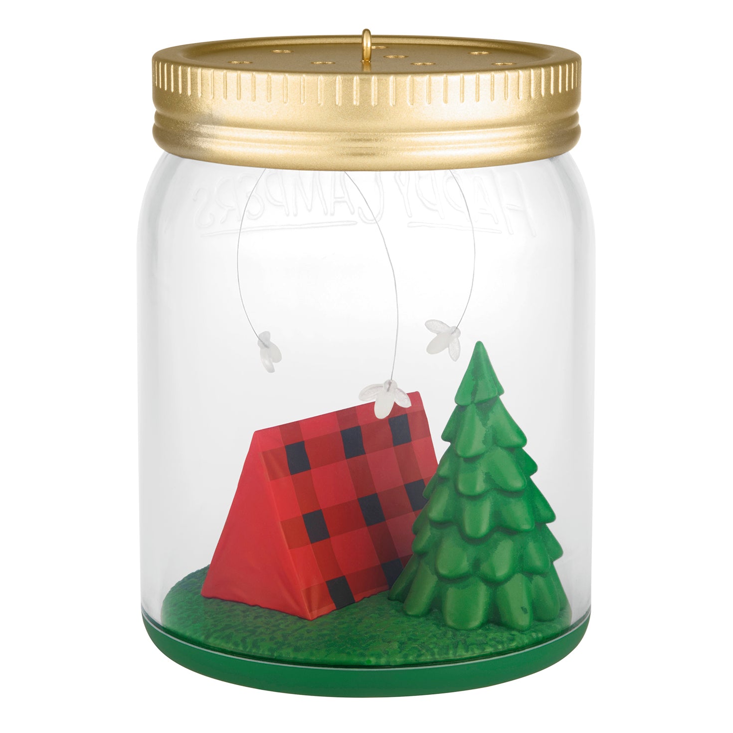 Happy Campers — 2026 Hallmark Keepsake Christmas Ornament, Mason jar design, featuring a red tent and green tree, clear view.