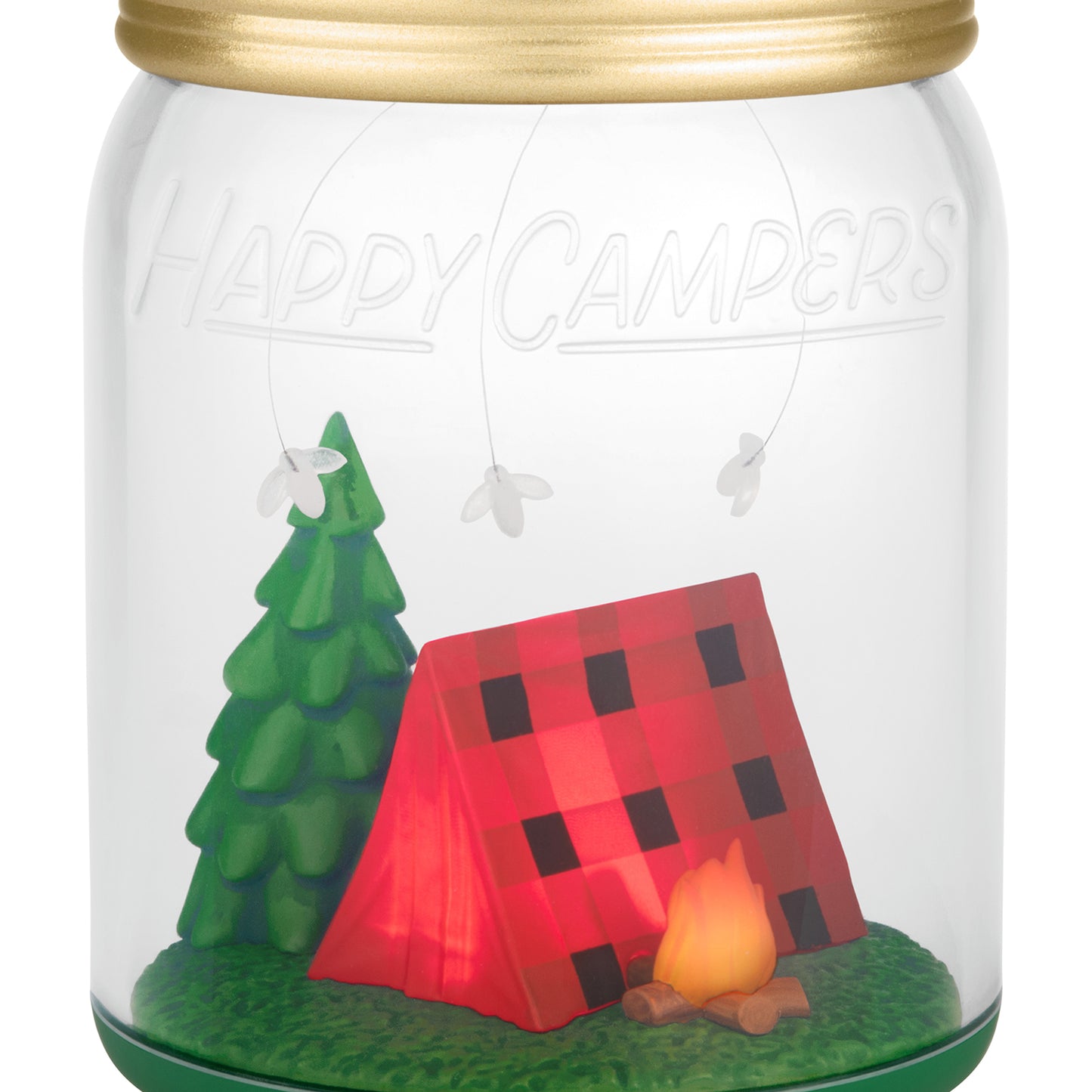 Happy Campers — 2026 Hallmark Keepsake Christmas Ornament in a Mason jar displaying a campsite scene with a tent and tree, clear view.