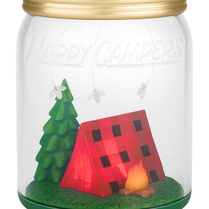 Happy Campers — 2026 Hallmark Keepsake Christmas Ornament in a Mason jar displaying a campsite scene with a tent and tree, clear view.