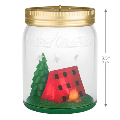 Happy Campers — 2026 Hallmark Keepsake Christmas Ornament, Mason jar design, featuring a camping scene with tent and trees, 9 cm tall.