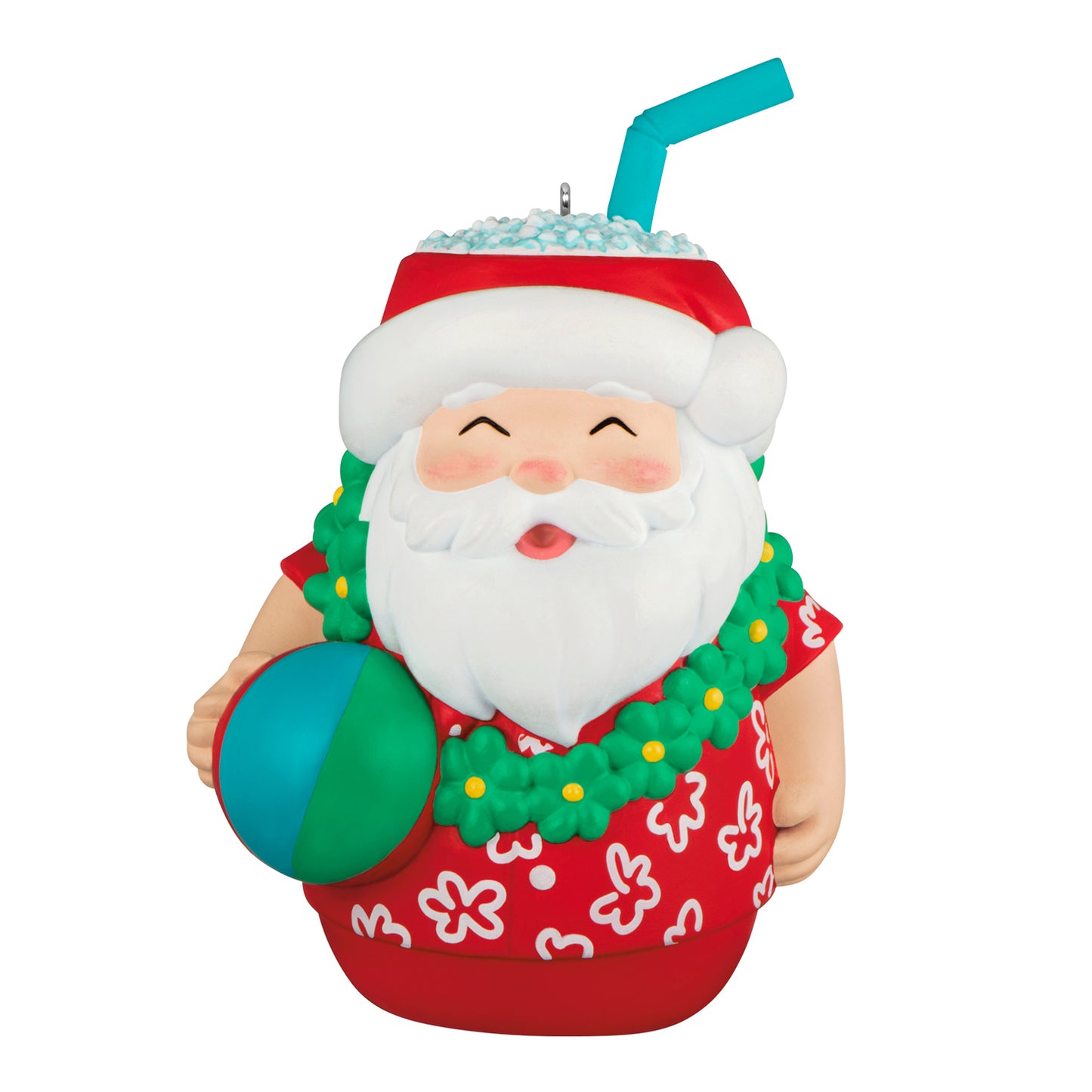 Seasons Tiki-ngs Santa — 2026 Hallmark Keepsake Christmas Ornament featuring Santa in a Hawaiian shirt holding a beach ball.