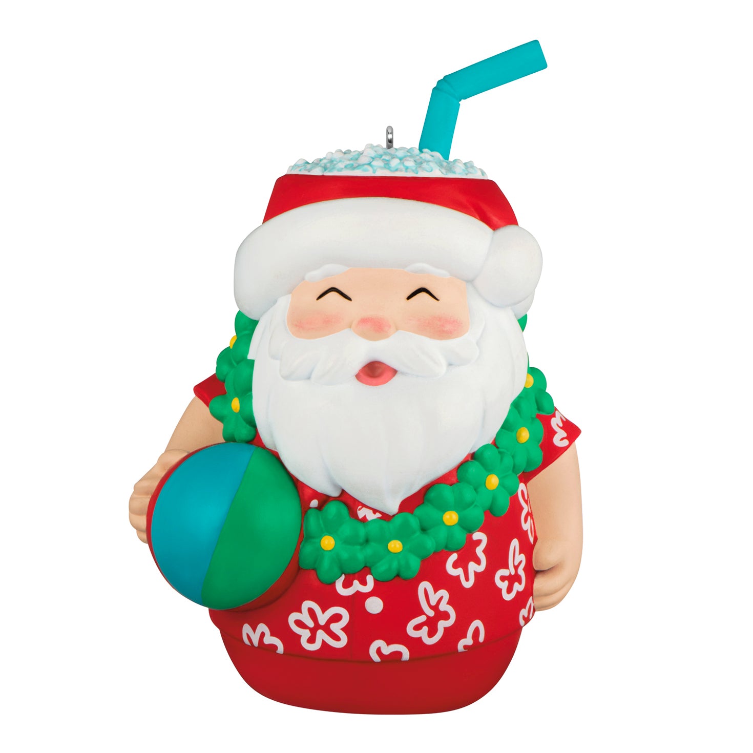 Seasons Tiki-ngs Santa — 2026 Hallmark Keepsake Christmas Ornament featuring Santa in a Hawaiian shirt holding a beach ball.