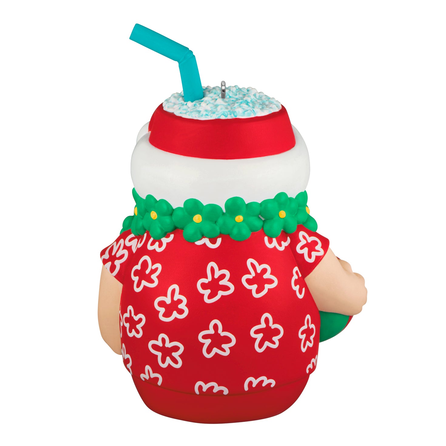 Seasons Tiki-ngs Santa — 2026 Hallmark Keepsake Christmas Ornament, cute tiki drink design, vibrant red Hawaiian shirt, angled view