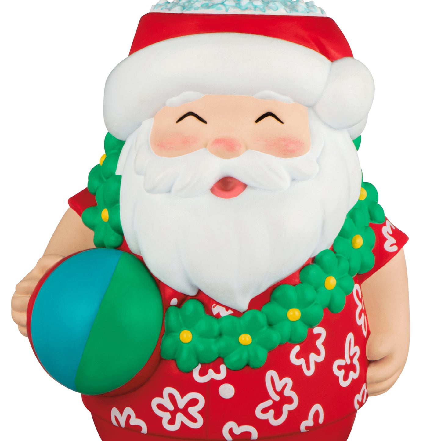 Seasons Tiki-ngs Santa — 2026 Hallmark Keepsake Christmas Ornament, colourful Santa in a Hawaiian shirt with beach ball, close up view.