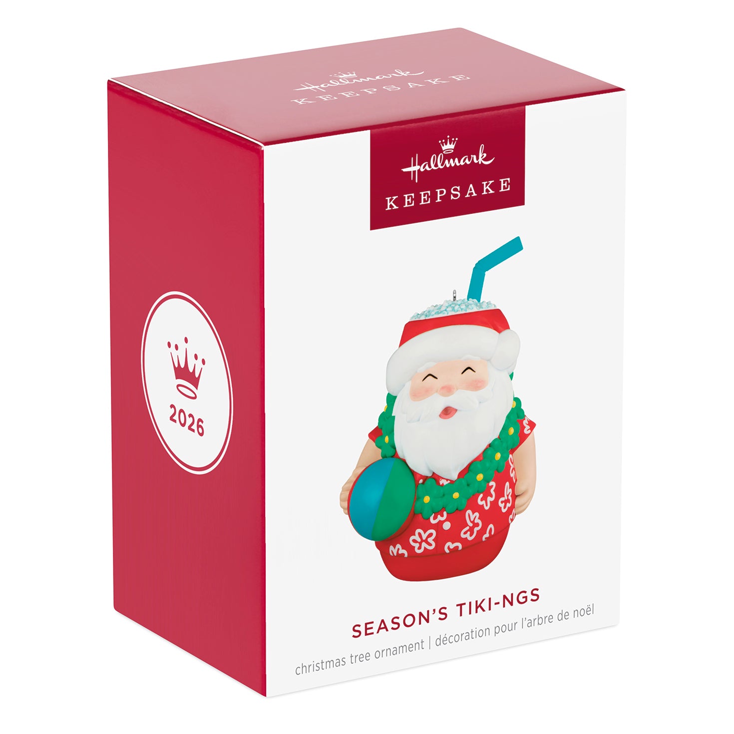 Seasons Tiki-ngs Santa — 2026 Hallmark Keepsake Christmas Ornament in festive packaging with cute Santa tiki design and colourful details.