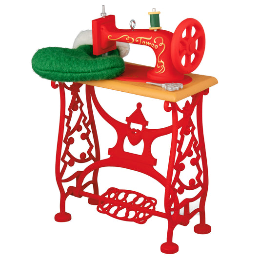 Sew Nostalgic — 2026 Hallmark Keepsake Christmas Ornament, vintage red sewing machine with green heart pillow on ornate table.