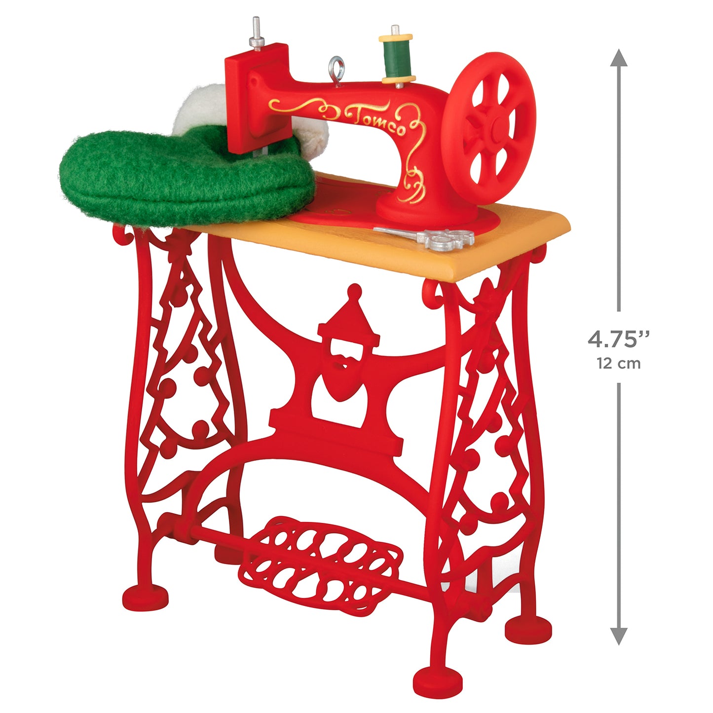 Sew Nostalgic — 2026 Hallmark Keepsake Christmas Ornament, vintage sewing machine on a red table with green heart pillow detail