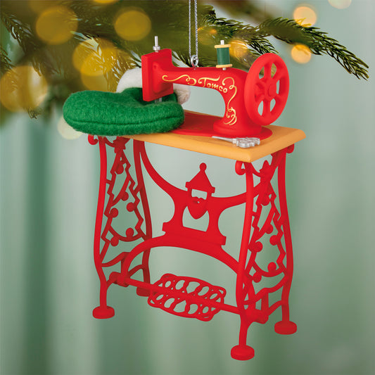 Sew Nostalgic — 2026 Hallmark Keepsake Christmas Ornament featuring a red vintage sewing machine, complete with green heart pillow and festive details.