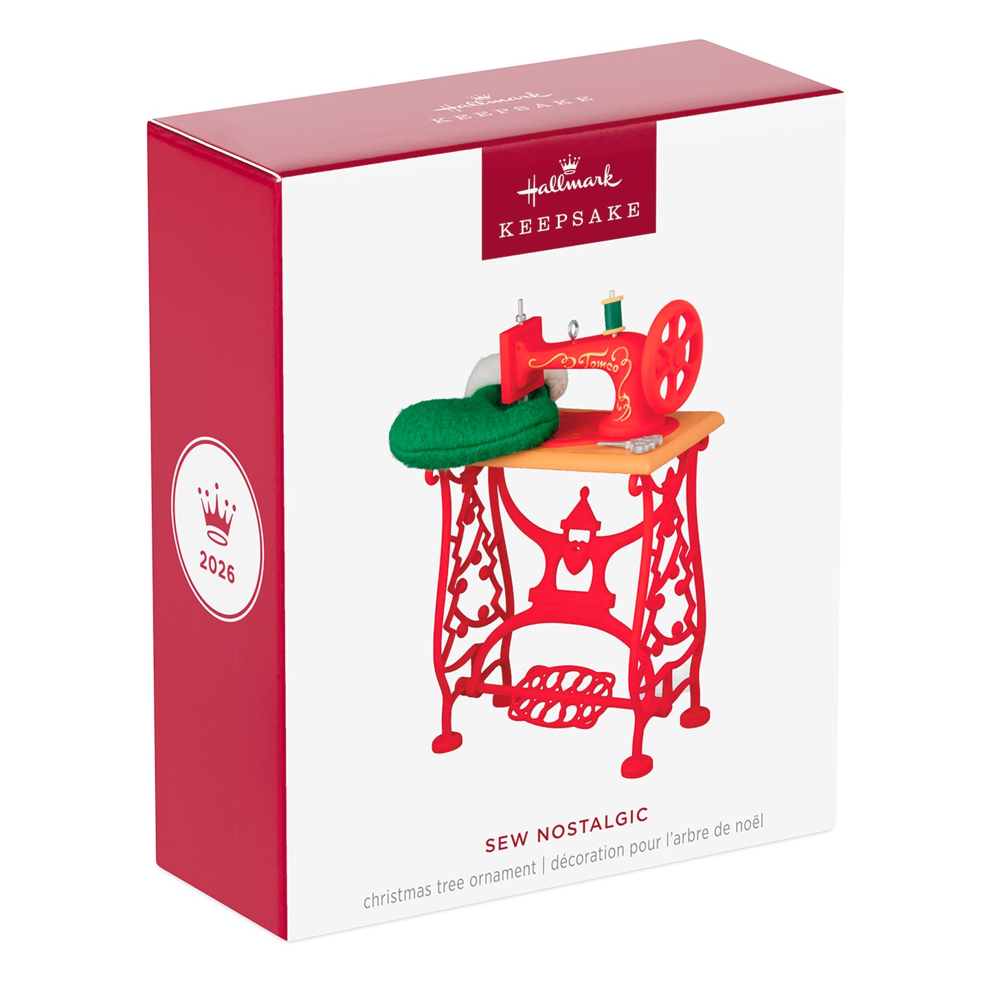 Sew Nostalgic — 2026 Hallmark Keepsake Christmas Ornament in a festive red box showcasing a vintage sewing machine design.