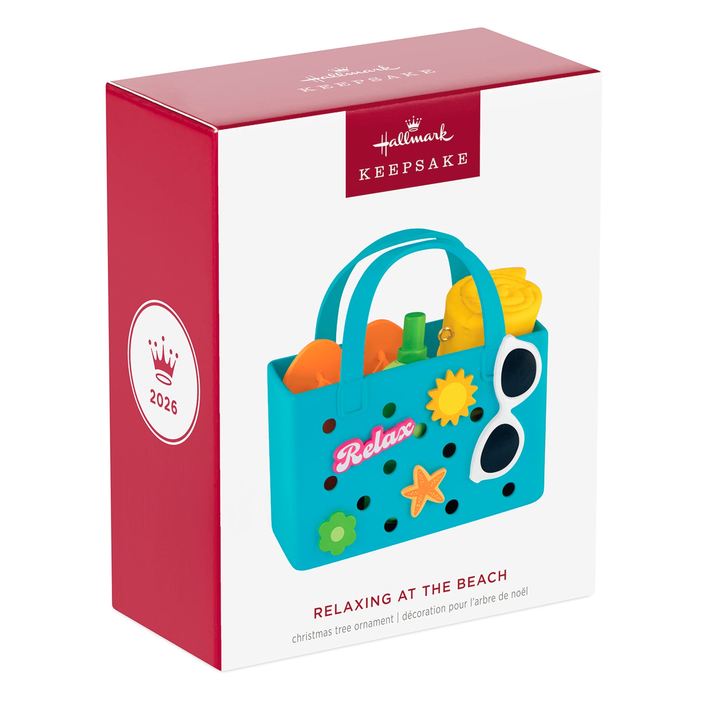 Relaxing at the Beach — 2026 Hallmark Keepsake Christmas Ornament in vibrant blue packaging showcasing beach-themed items.