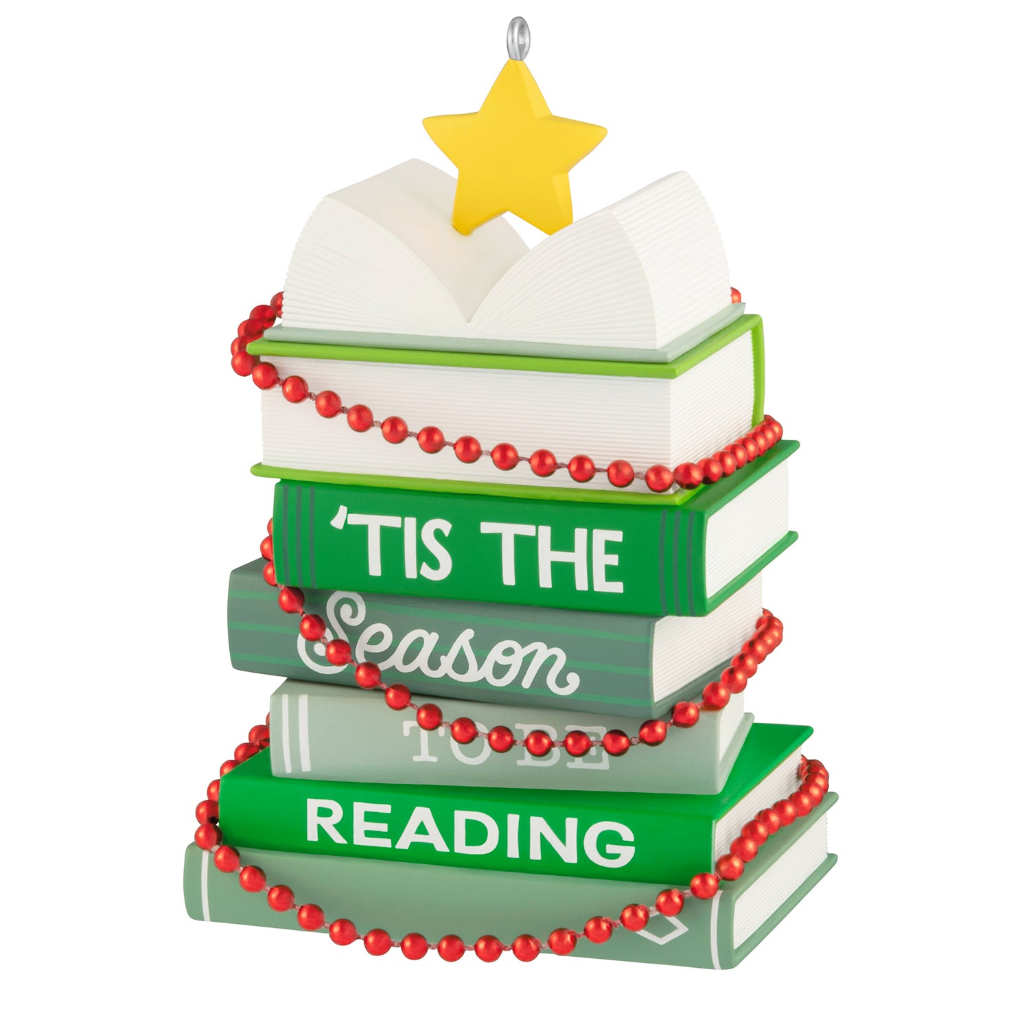 Light Holiday Reading — 2026 Hallmark Keepsake Christmas Ornament featuring stacked green books adorned with red garland and a star.