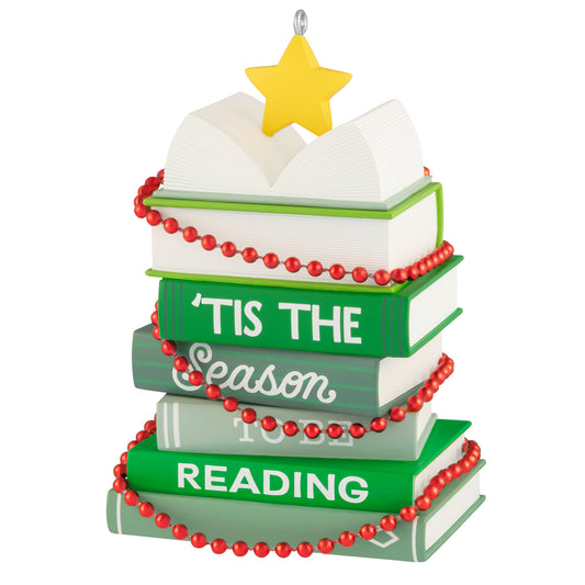 Light Holiday Reading — 2026 Hallmark Keepsake Christmas Ornament featuring stacked green books adorned with red garland and a star.