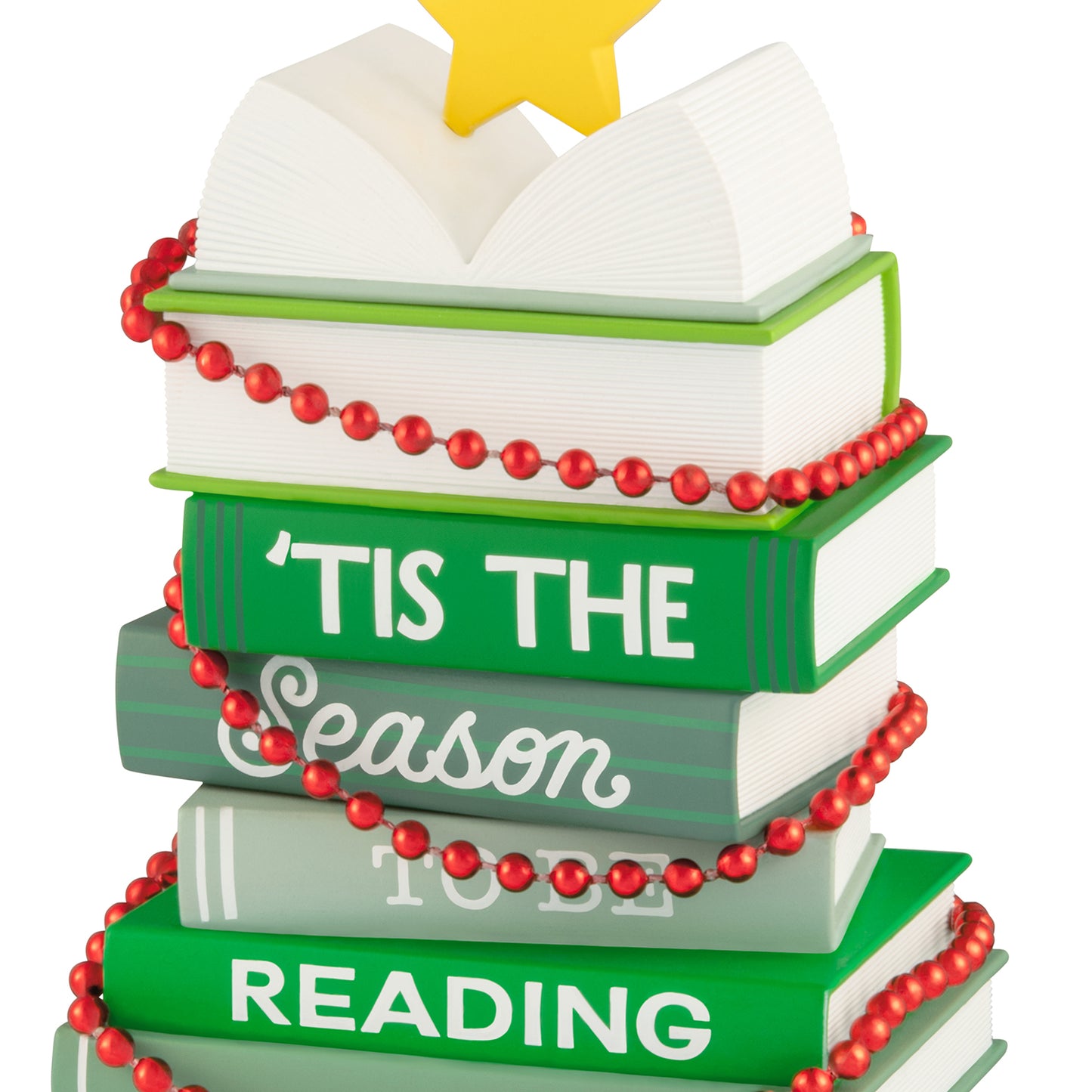 Light holiday reading — 2026 Hallmark Keepsake Christmas Ornament, vibrant stacked books with beaded garland and star detail.