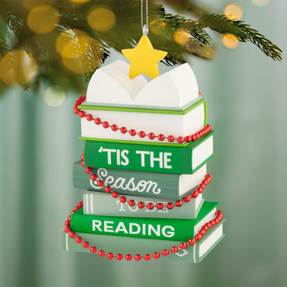 Light Holiday Reading — 2026 Hallmark Keepsake Christmas Ornament with green stacked books and a star, detailed with red beaded garland.