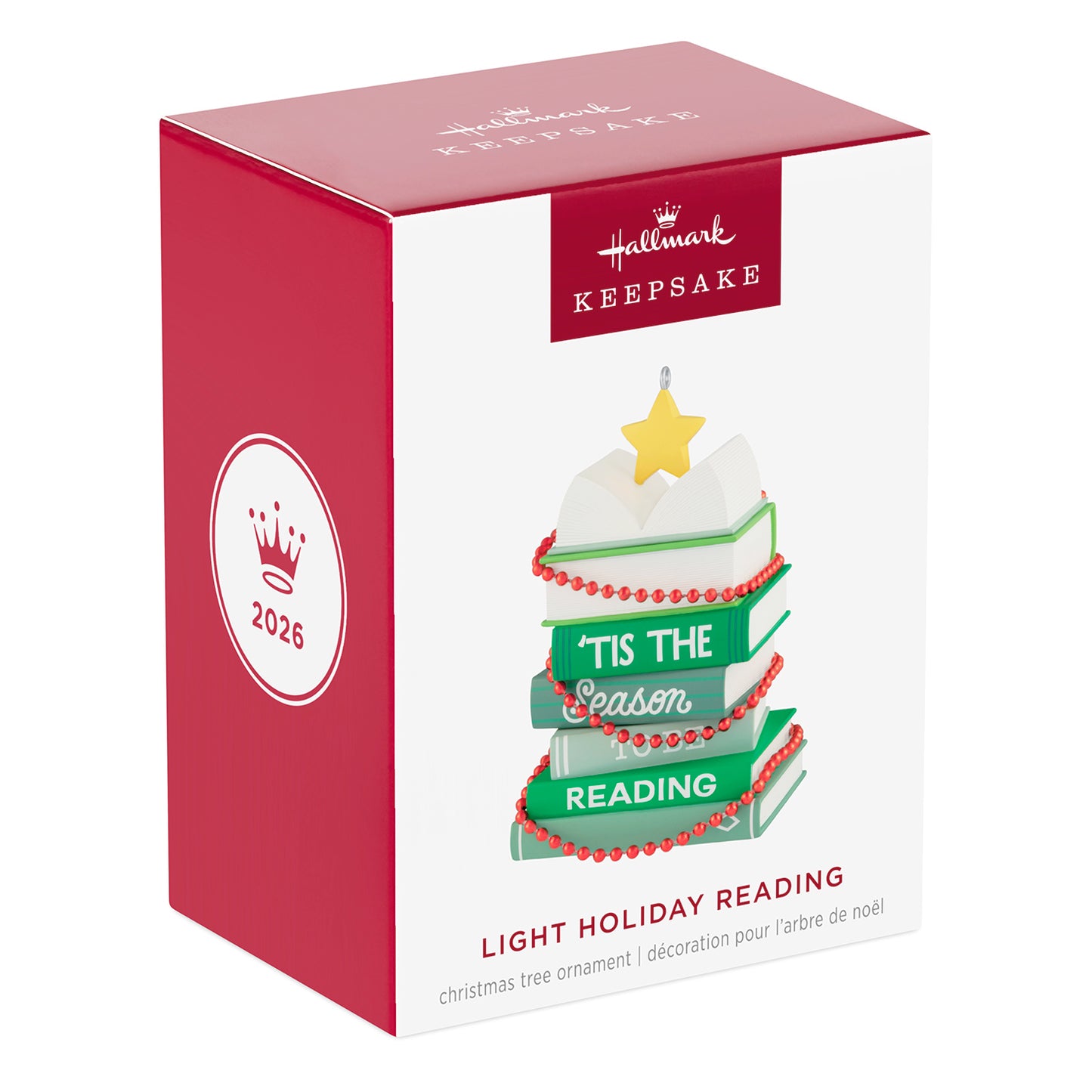 Light Holiday Reading — 2026 Hallmark Keepsake Christmas Ornament packaging box featuring a festive design with stacked books and a star.