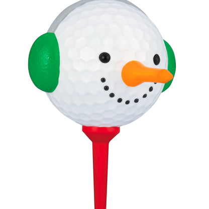 Teed Up for Christmas — 2026 Hallmark Keepsake Christmas Ornament, golf ball snowman head with red tee and green earmuffs, close up view.