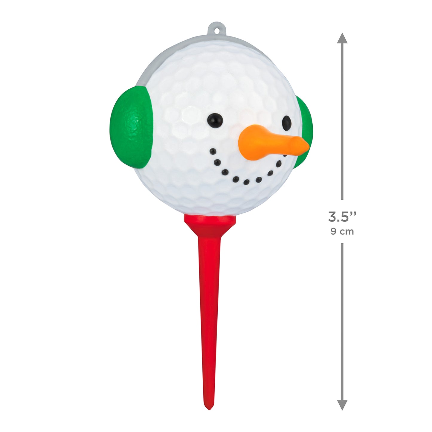 Teed Up for Christmas — 2026 Hallmark Keepsake Christmas Ornament, golf ball snowman with red tee, side view showing details.