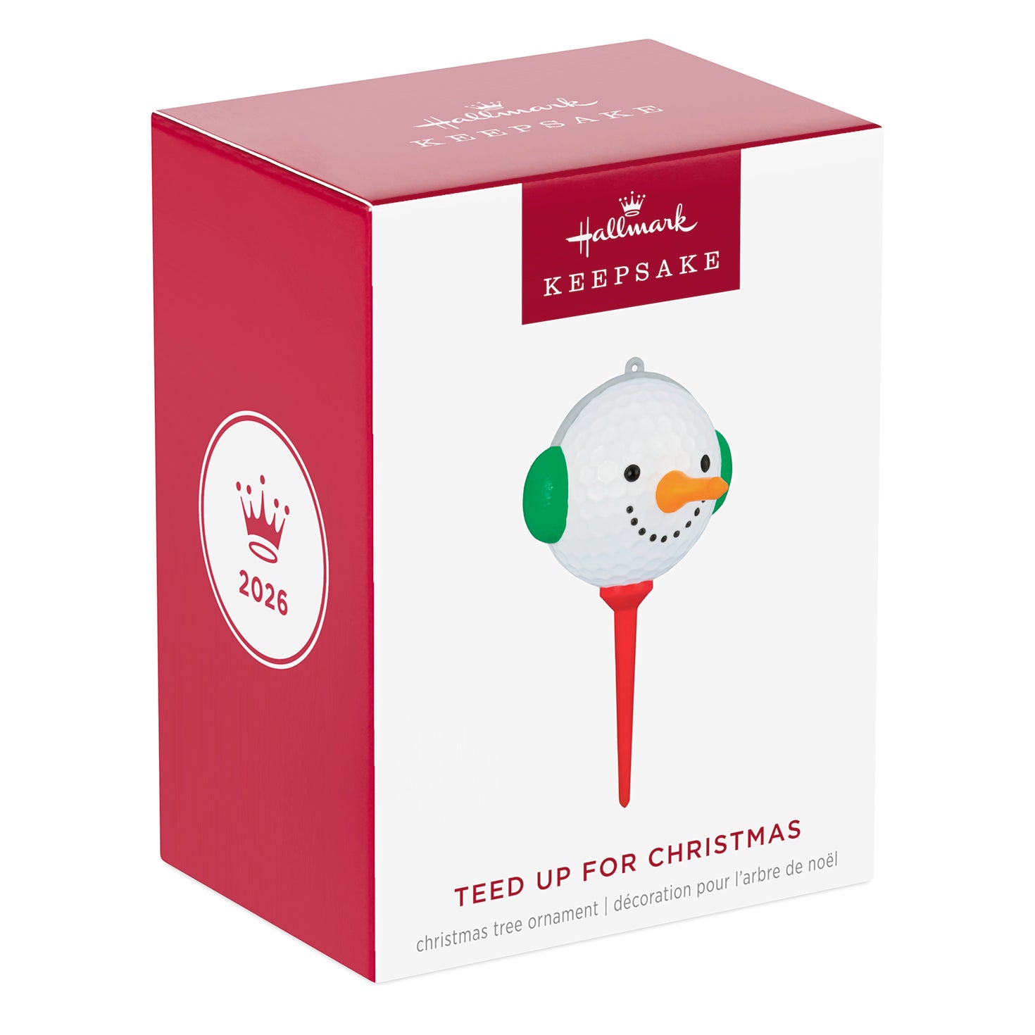 Teed Up for Christmas — 2026 Hallmark Keepsake Christmas Ornament in gift packaging, featuring a snowman golf ball design.