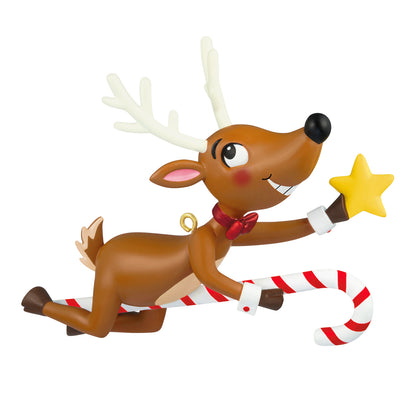 North Pole Comet — 2026 Hallmark Keepsake Christmas Ornament, colourful reindeer riding a candy cane, smiling with a star.