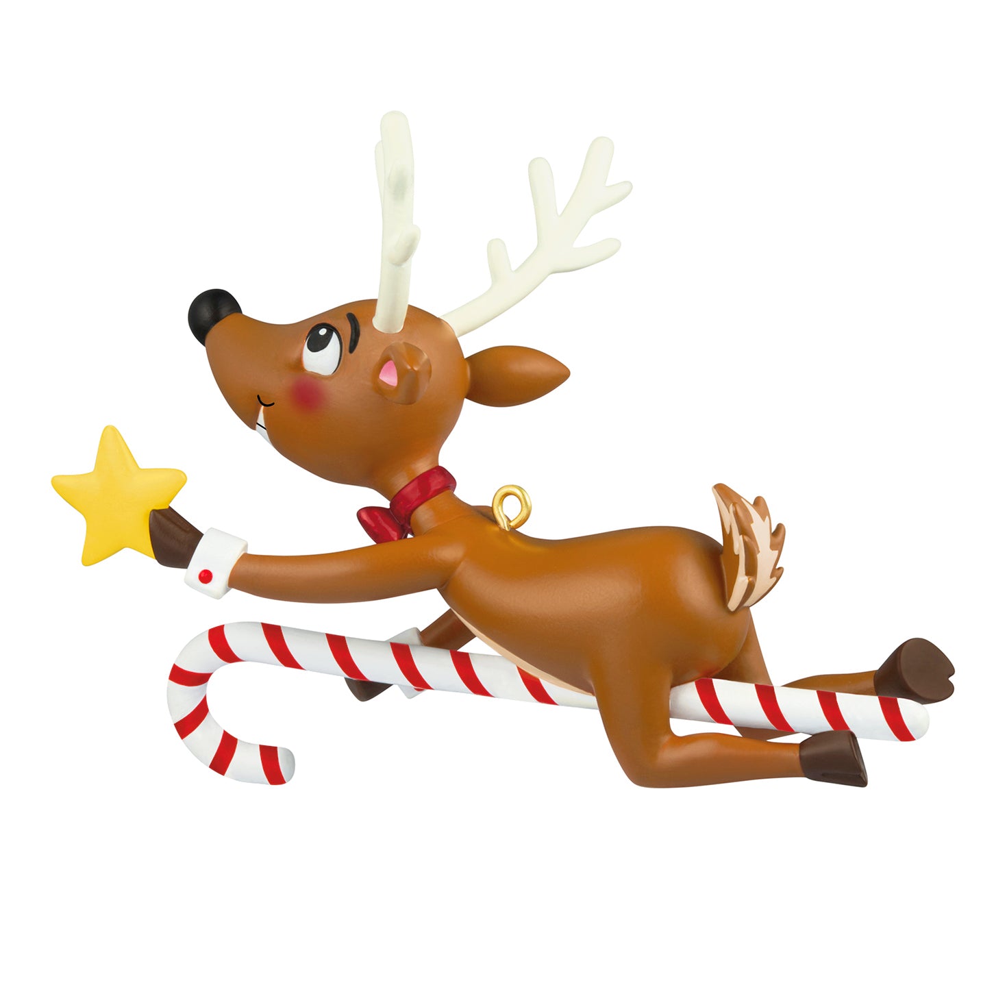 North Pole Comet — 2026 Hallmark Keepsake Christmas Ornament, cheerful reindeer figure with star, riding a candy cane, side view