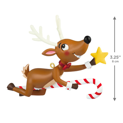 North Pole Comet — 2026 Hallmark Keepsake Christmas Ornament, reindeer with a star on a candy cane, front view, 8 cm tall.
