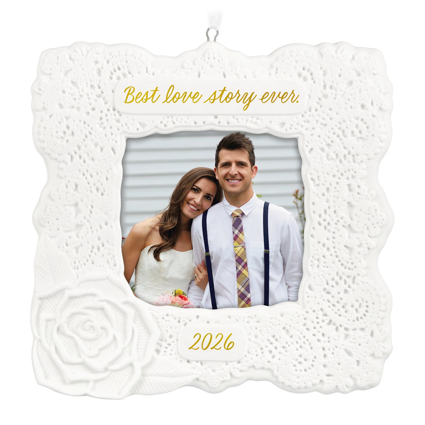 Best love story ever 2026 photo frame, porcelain Christmas ornament with a lace design and rose detail showcasing a wedding photo.