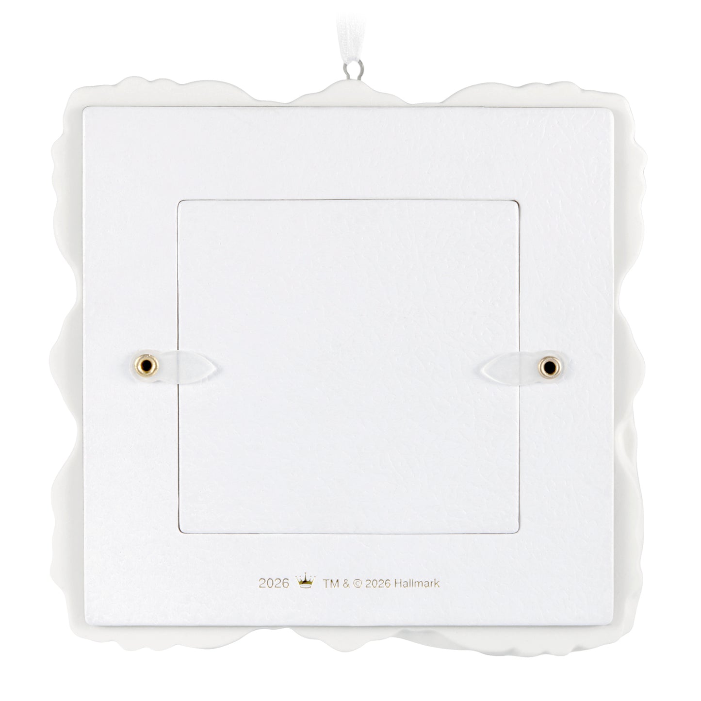 Best Love Story Ever 2026 photo frame, porcelain, back view with hanging loop and gold detailing.