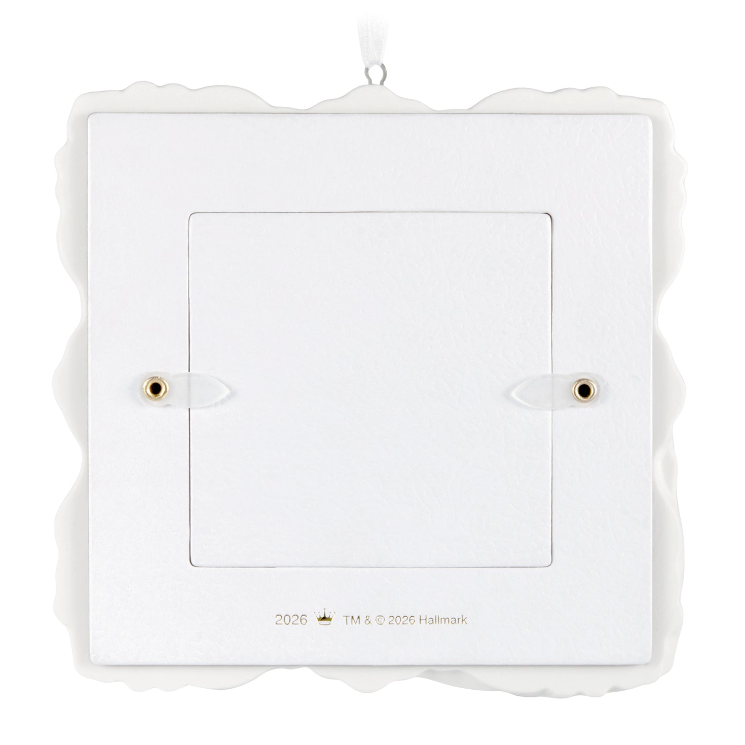 Best Love Story Ever 2026 photo frame, porcelain, back view with hanging loop and gold detailing.
